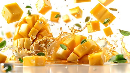 Wall Mural - 
Multiple mango with ice cube fruit blasts, flying in the air, juice from all the directions, slices, solid background. white background