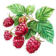 Wall Mural - Vibrant Red Raspberry with Fresh Green Leaves, Watercolor Illustration on White Background