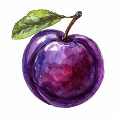 Wall Mural - Juicy Purple Plum Watercolor Illustration on White Background