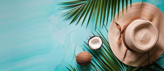 Canvas Print - Tropical Summer Vibes: Palm Leaves, Sun Hat, and Coconut on a Pastel Blue Background