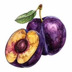 Wall Mural - Vibrant Ink Watercolor Illustration of a Juicy Plum with Deep Purple Skin on White Background