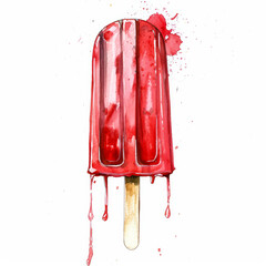 Wall Mural - Watercolor Illustration of a Dripping Red Popsicle on White Background