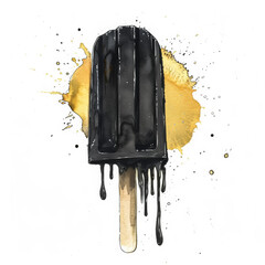 Sticker - Ink Watercolor Illustration of a Refreshing Black Popsicle Melting on a Sunny Golden Day, Isolated on White Background