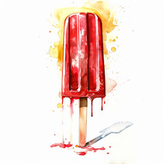 Poster - Vibrant Red Popsicle Melting on a Glorious Sunny Day   Watercolor Illustration on White Background