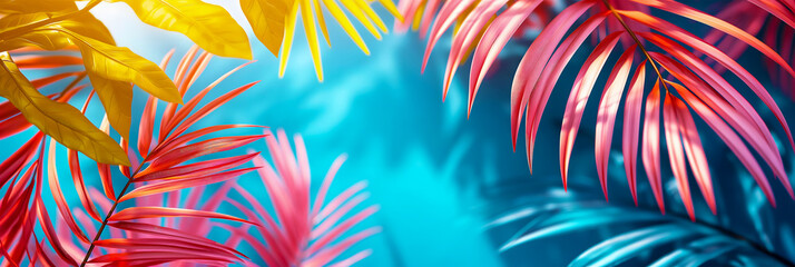 Actual summer background with Bali-style floral pattern, colorful leaves, palm-shaped art wallpaper, summer colors, botanical tropical leaves, sunlight and shadows, pink and yellow leaf.