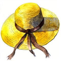 Poster - Watercolor Illustration of a Yellow Sun Hat with a Brown Ribbon on White Background