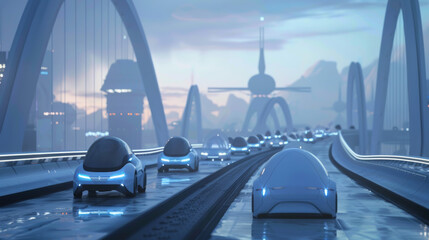 A futuristic city with cars driving on a bridge