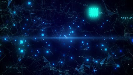 Digital Data Technology Cyber Space Background. Random Number Floating And Plexus Network Are Also Floating .glowing High Tech Computer Data Floating On The Black Bg. High Tech Plexus And Number