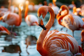 Wall Mural - A close-up of a flock of flamingos as they rest in a serene lake