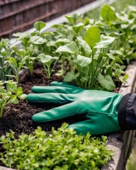 Wall Mural - Green gardening gloves lie on a garden bed or flowerbed, among the plants. Hands in gloves caring for a young plant, gardening concept.