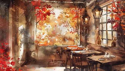 Wall Mural - A painting of a room with a table and chairs, a window