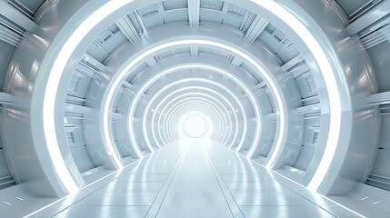 A futuristic, white, glowing tunnel with a bright light at the end.  The smooth, metallic surface and sleek design evoke a sense of speed and progress.