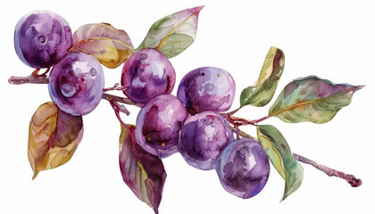 A bunch of purple plums are on a white background