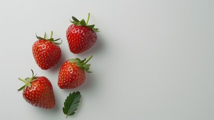 Wall Mural - Top view red ripe strawberries fruits with green leaves on a white background