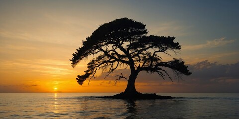 Poster - A solitary tree with a dramatic silhouette against the backdrop of a colorful sunset and calm ocean