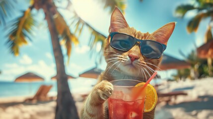  A cute ginger cat in sunglasses holding a cocktail on the beach with a vacation background