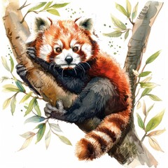 Wall Mural - Watercolor painting of red panda Ailurus on tree