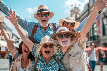 Wall Mural - Group of happy senior friends having fun in the city. They are wearing hats and sunglasses.