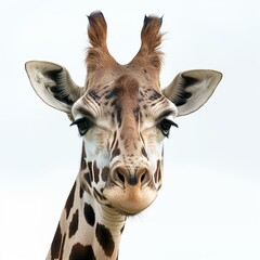 Close-Up Portrait of a Giraffe Against a White Background