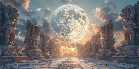 Wall Mural - Ancient pathways to the moon connecting worlds through carved beings. Concept Ancient Pathways, Moon Connections, Carved Beings, Intergalactic Travel, Mystical Realms