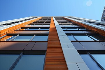 Residential skyscraper with clean lines, natural wood accents, and large windows that maximize natural light