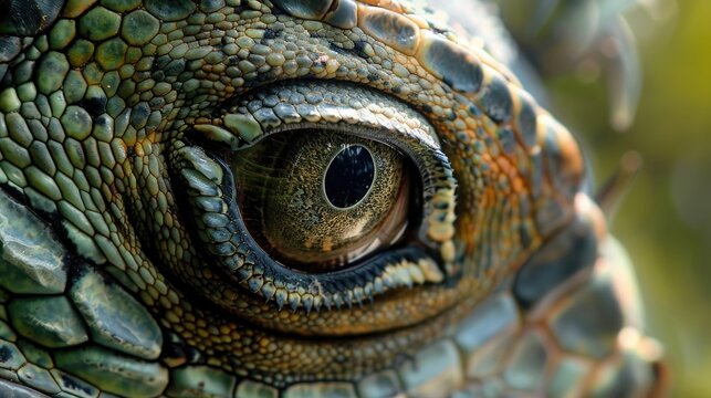 Detailed view of an iguanas eye, showcasing the scaly eyelids and sharp sight, ideal for reptilian sensory studies