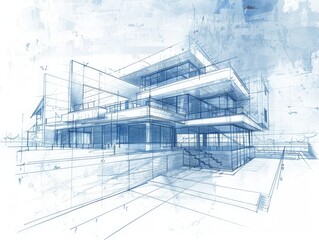 Diagrammatic drawing of a modern architectural blueprint for a residential house, including floor plans, elevations, and structural details with measurements 