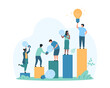 © Iconic Prototype - Creative business idea to achieve goal, leadership, step to success. Tiny people climb growing chart bars with dark light bulbs, leader with yellow bright lamp at top cartoon vector illustration