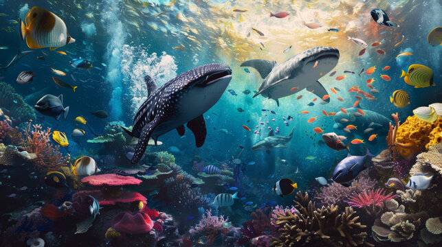 A colorful underwater scene with a variety of fish and a whale