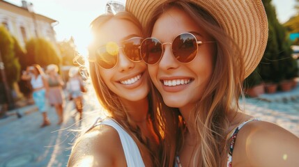 Wall Mural - Two beautiful young women taking a selfie together