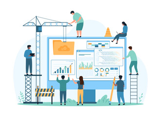 Wall Mural - Website creation. Tiny people with construction crane build new portal or homepage, create digital product with help of infographic chart, data folder and coding layouts cartoon vector illustration