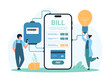 © Iconic Prototype - Electricity bill payment online, service in mobile app. Tiny people check electric meter readings and invoice on smartphone screen to pay for household consumption cartoon vector illustration