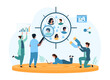 © Iconic Prototype - Sociology research, focus group of customers analysis. Tiny sociologists study group of people inside crosshairs with magnifying glass, attract new audience with magnet cartoon vector illustration