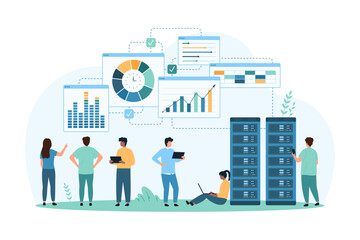 Wall Mural - big data research process, ai technology for analytics. tiny people work with digital information in
