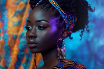 Young woman is posing with colorful makeup and a headband, her hair is in braids