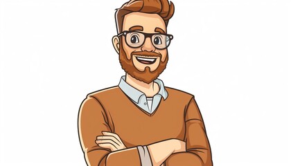 Wall Mural - Smiling Bearded Man with Glasses and Folded Arms Illustration