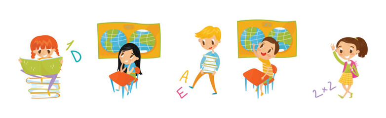 Wall Mural - Cute School Boy and Girl Learn Lesson Vector Set