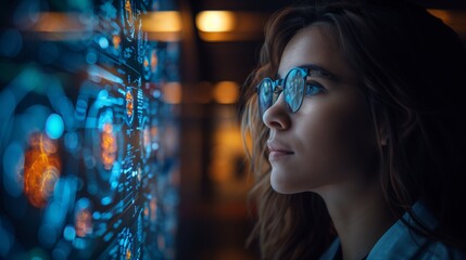Leinwandbilder - A woman wearing glasses looks intently at a holographic display filled with medical data, likely related to oncology.