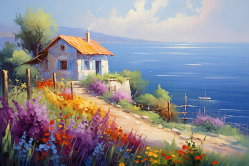 oil painting - house near the sea, colorful flowers, summer seascape