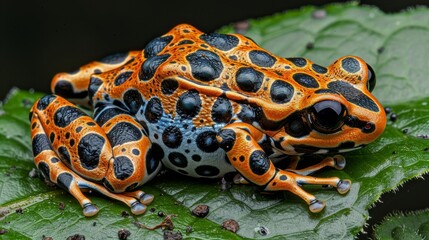 Wall Mural - Colorful frog perched gracefully on lush green leaf in vibrant display of nature