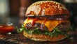 © Nattanon - Delicious juicy cheeseburger with fresh lettuce and tomato, topped with melted cheese and barbeque sauce, served on a sesame seed bun.