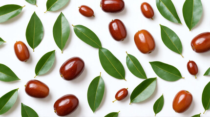 Jojoba seed and leaves on white background, top view, flat lay. Jujube organic plant, natural and fresh food or ingredients