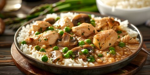 Wall Mural - Traditional Chicken Fricassee Recipe with Mushrooms, Peas, Asparagus, and Rice. Concept Cooking Instructions, Ingredients, Flavorful Herbs, Classic Dish