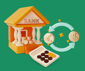 Sticker - 3d Financial and Banking Services Concept Cartoon Design Style. Vector illustration of Bank Building, Gold Coins, Calculator and Currency Exchange Sign