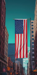 Labor Day in the USA, Independence Day in the USA, holiday in the USA. the US flag on the background of the city. The American flag