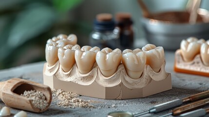 Dental model of teeth with two different ceramic crowns installed next to the laboratory table.