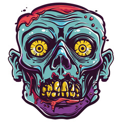 Wall Mural - Colorful zombie head illustration, detailed horror art, vibrant undead graphic design. Yelloweyed skull dripping blood, scary Halloween theme, creepy undead character drawing. Pop art style zombie