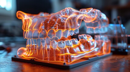 Poster - A holographic model of a human jaw with teeth and implants, glowing in an orange light.