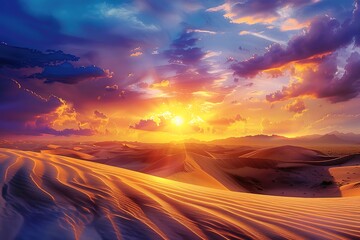 A desert with rippling sand dunes at sunset