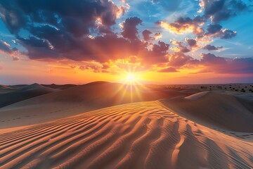 Wall Mural - A desert with rippling sand dunes at sunset